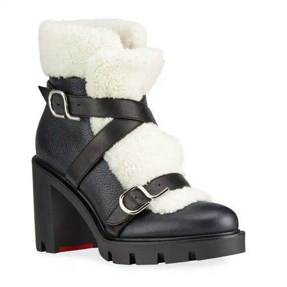 Christian Louboutin Pole Chic 70 Black Leather Shearling Heel Combat Boot 40 - Picture 4 of 9